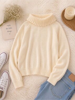 SHEIN Cream Turtleneck Sweater | Soft Cozy Knit Pullover